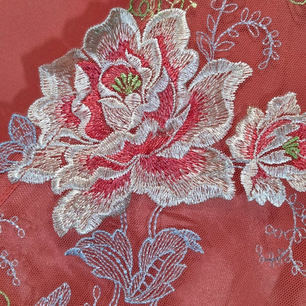 Embroidered Satin Dress Womens Large Coral Faux Wrap Romantic Fairy Regencycore - Picture 11 of 13